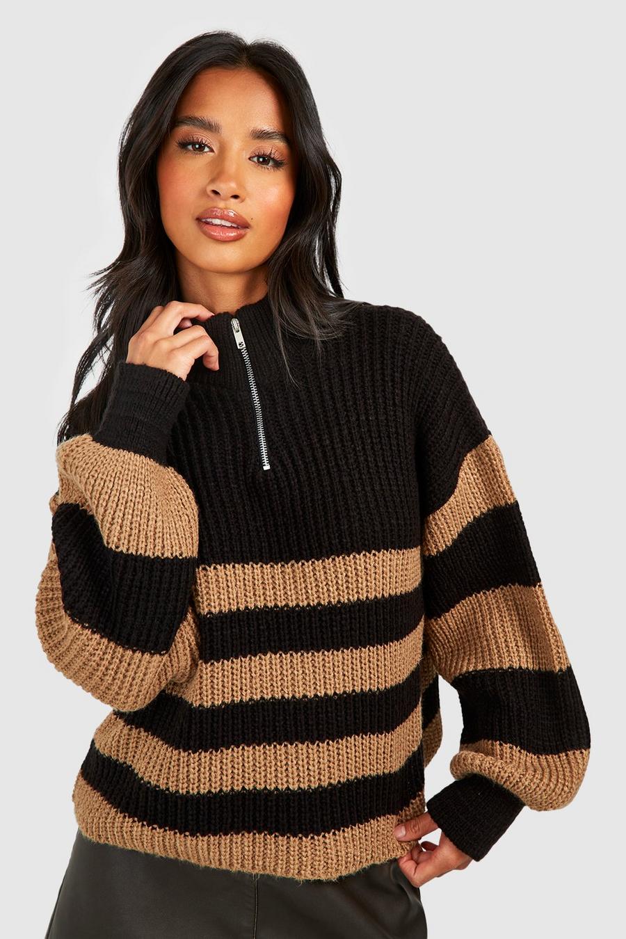 Camel Petite Stripe Quarter Zip Sweater image number 1