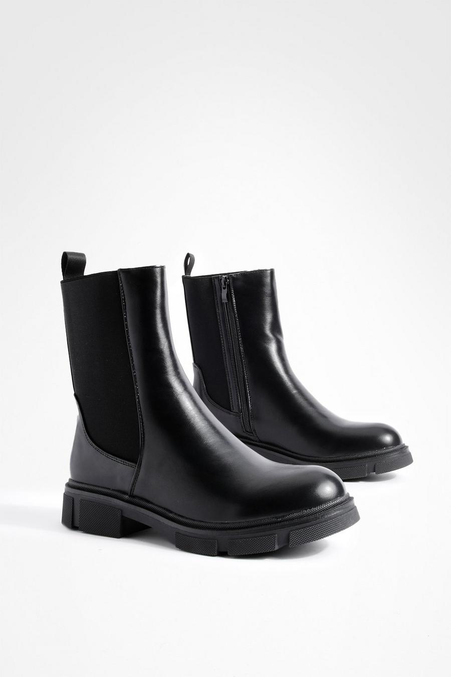 Black Super Chunky Cleated Sole Ankle Boots 