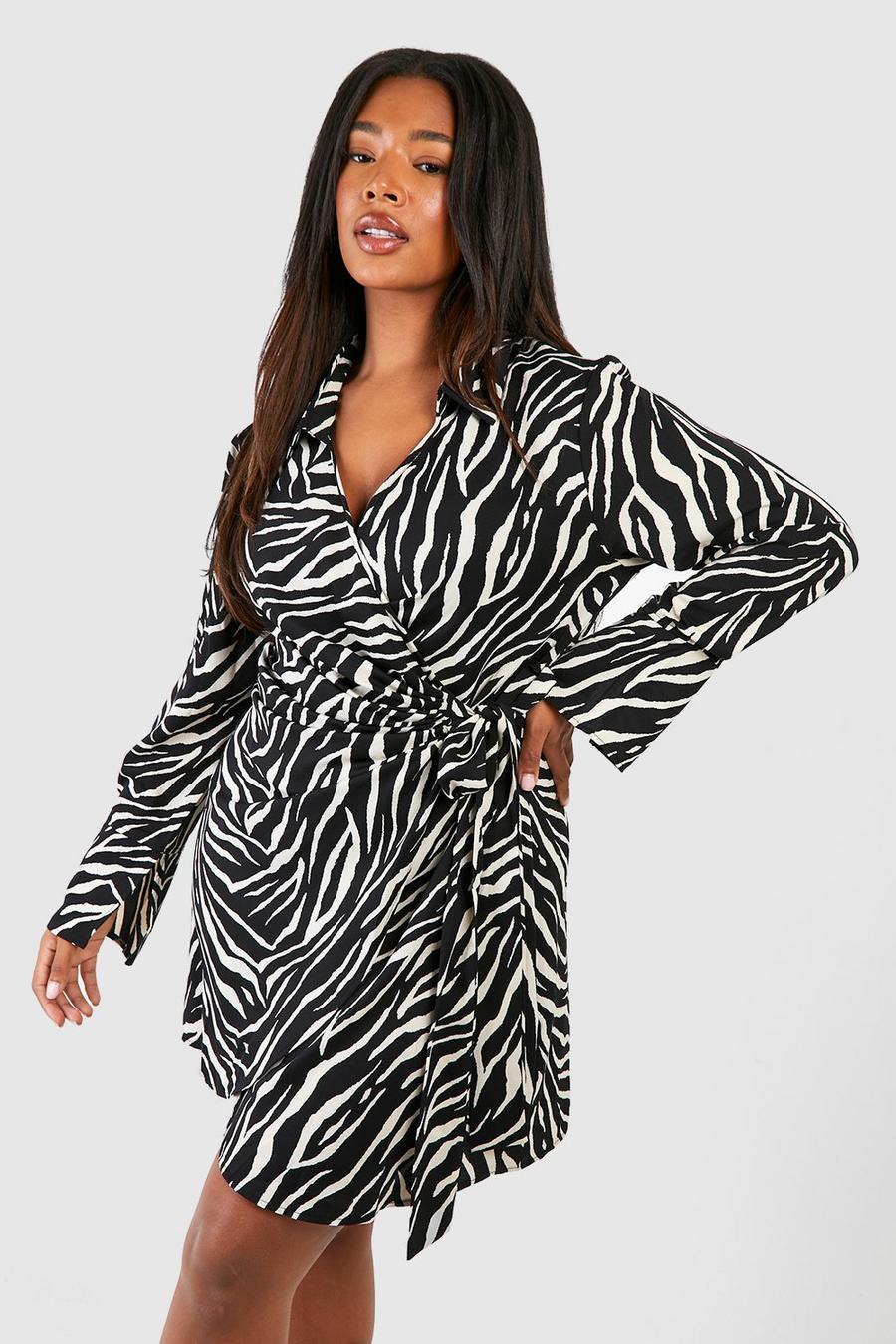 Black Plus Zebra Print Wrapped Dress  image number 1