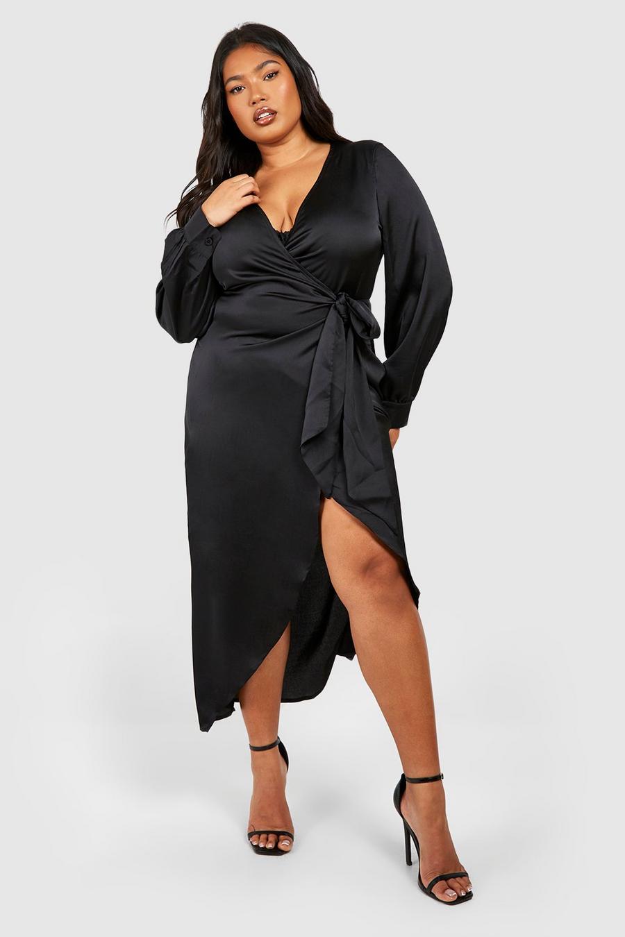Black Plus Satin Blouson Sleeve Wrap Dress