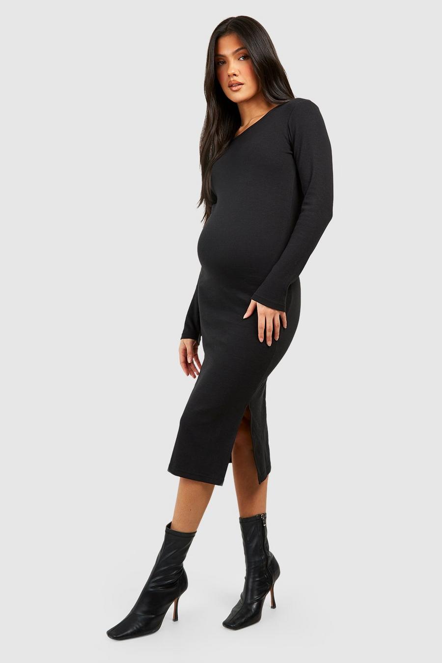Black Maternity Long Sleeve Midi Rib Dress