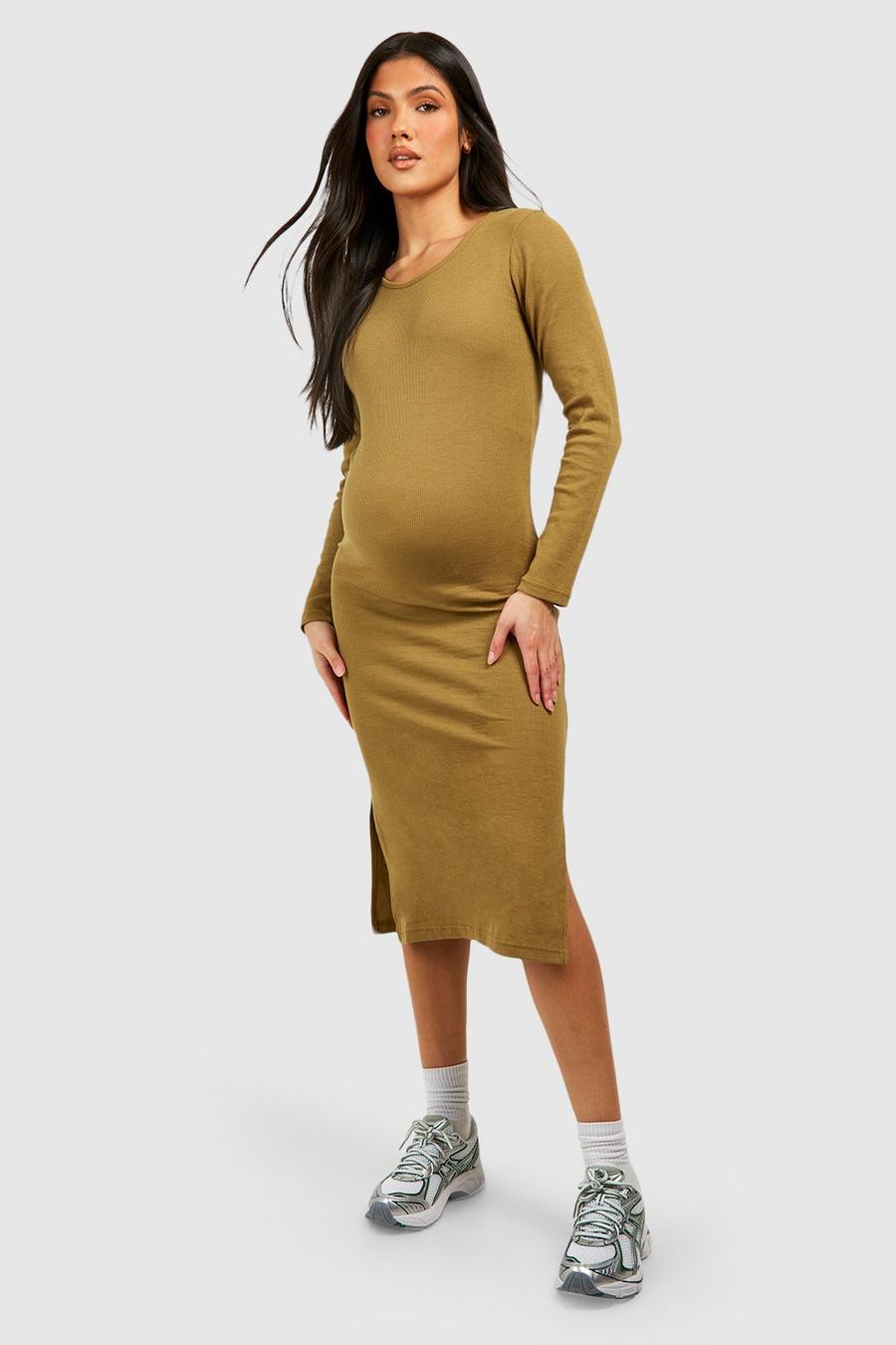 Khaki Ribbad gravidklänning med lång ärm