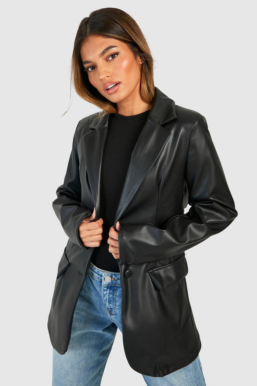 Black Faux Leather Plunge Front Fitted Blazer image number 1