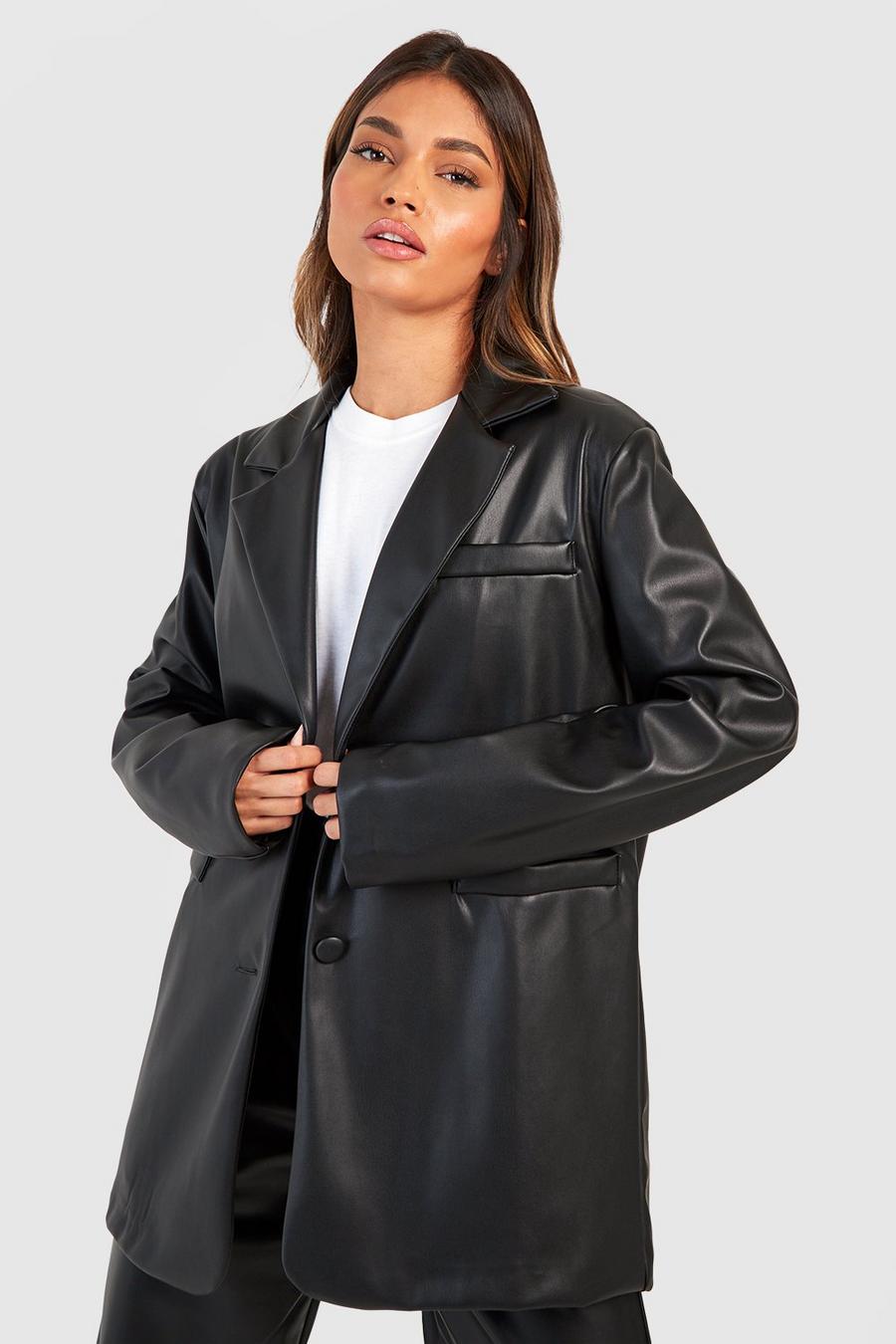 Black Leather Look Single Breasted Relaxed Fit Blazer image number 1