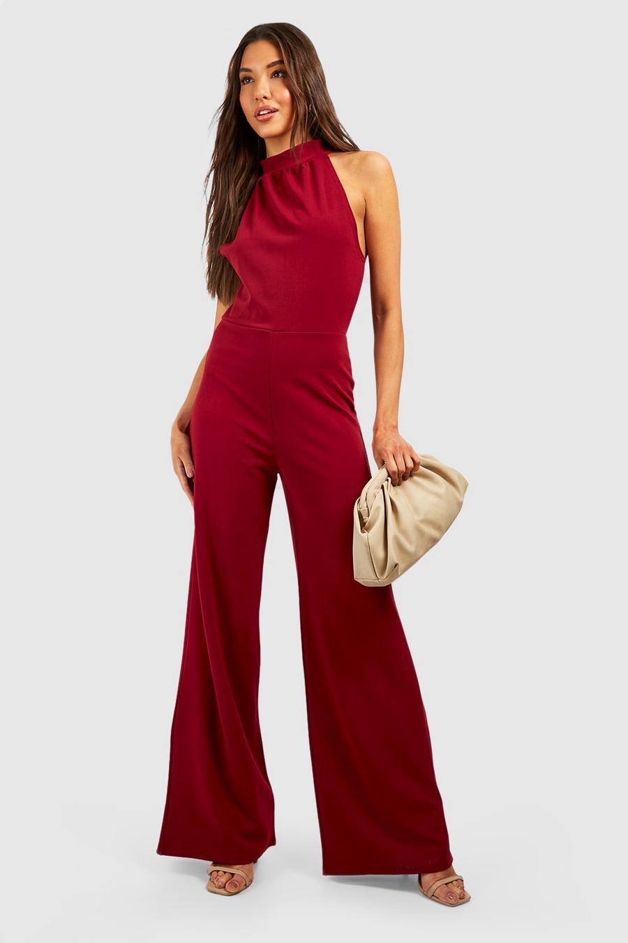 Wine Wide Leg Jumpsuit Met Halter Neck