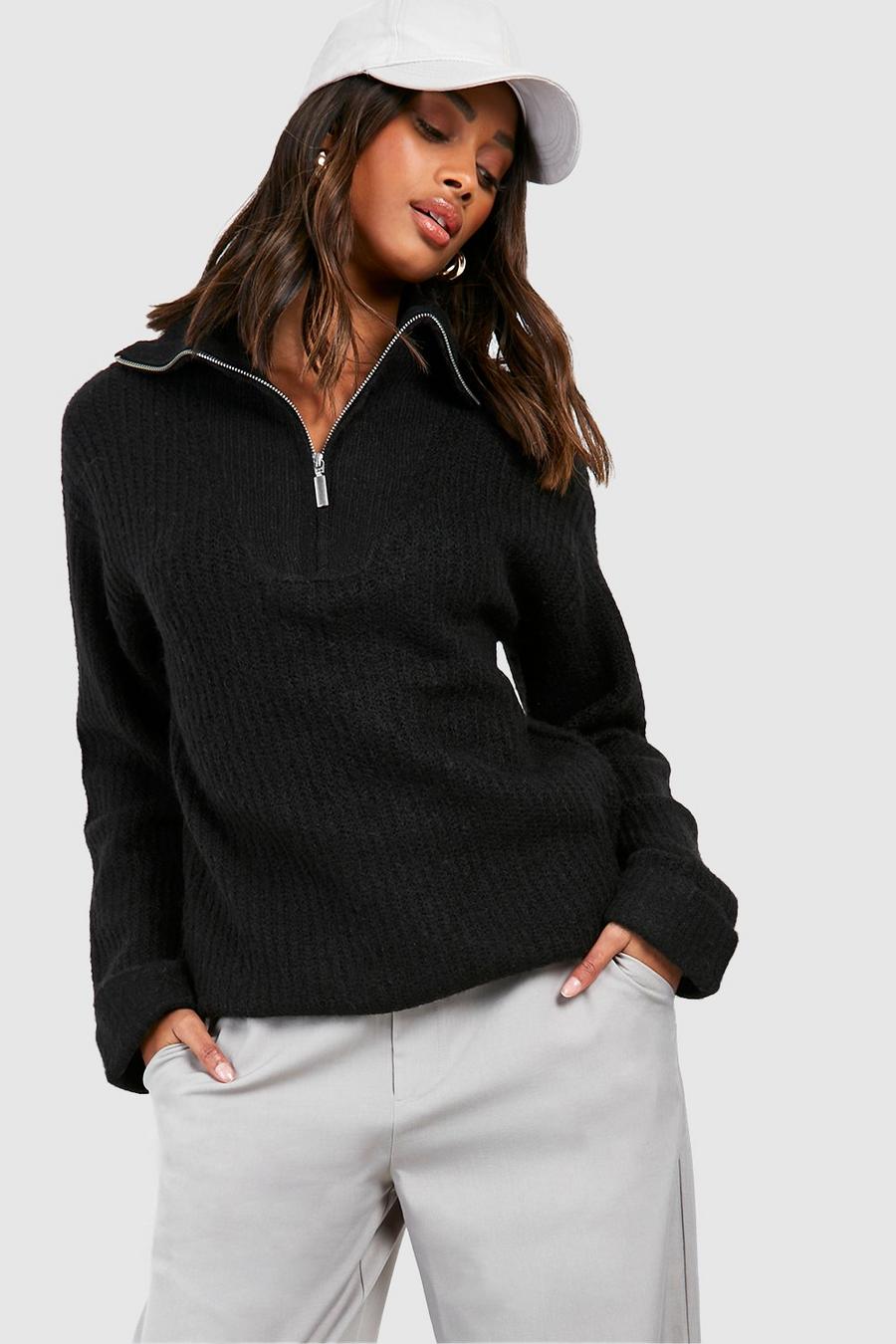Black Half Zip Funnel Neck Sweater