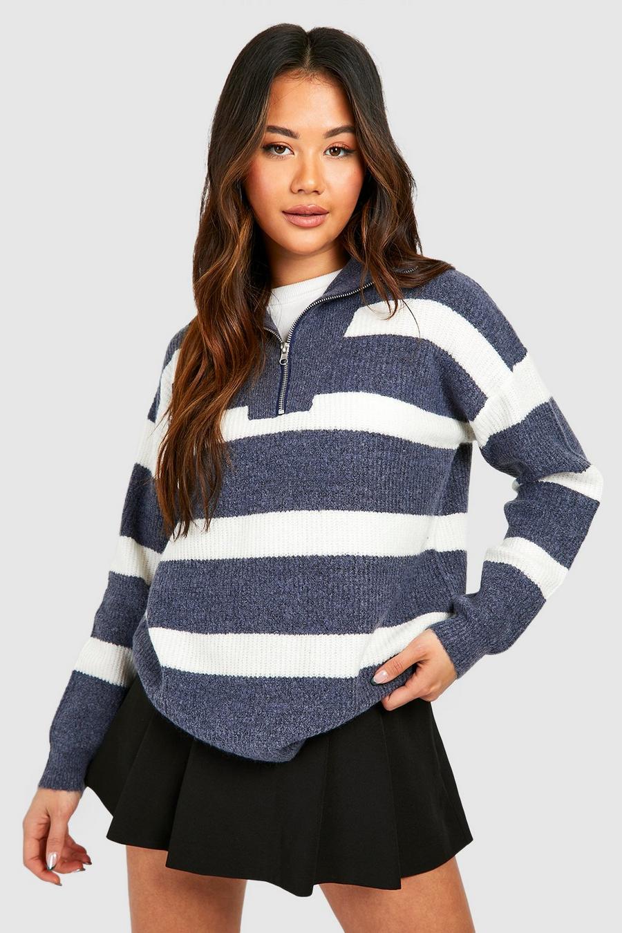 Denim Half Zip Funnel Neck Stripe Sweater