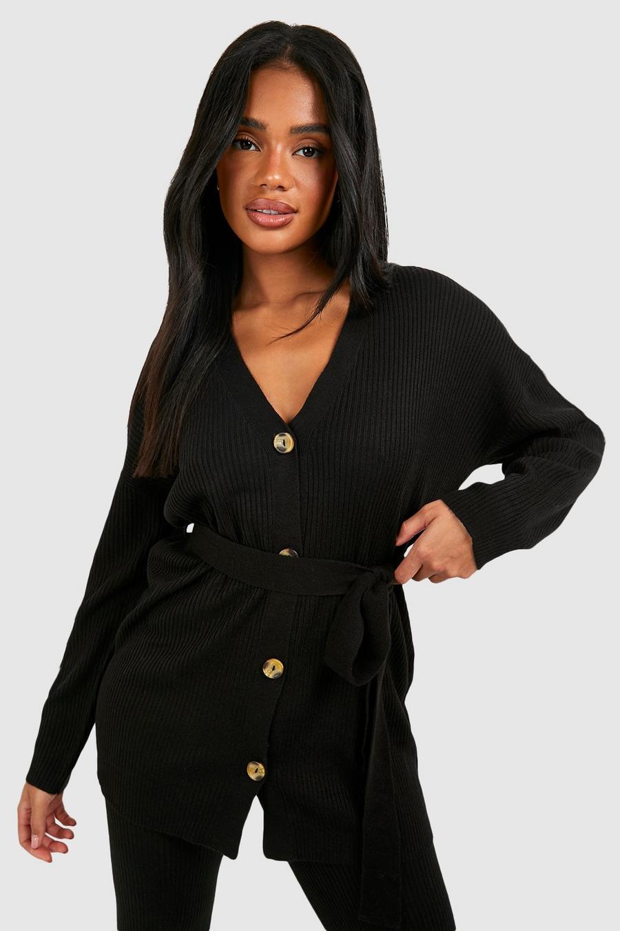 Black Slouchy Belted Cardigan And Wide Leg Knit Set