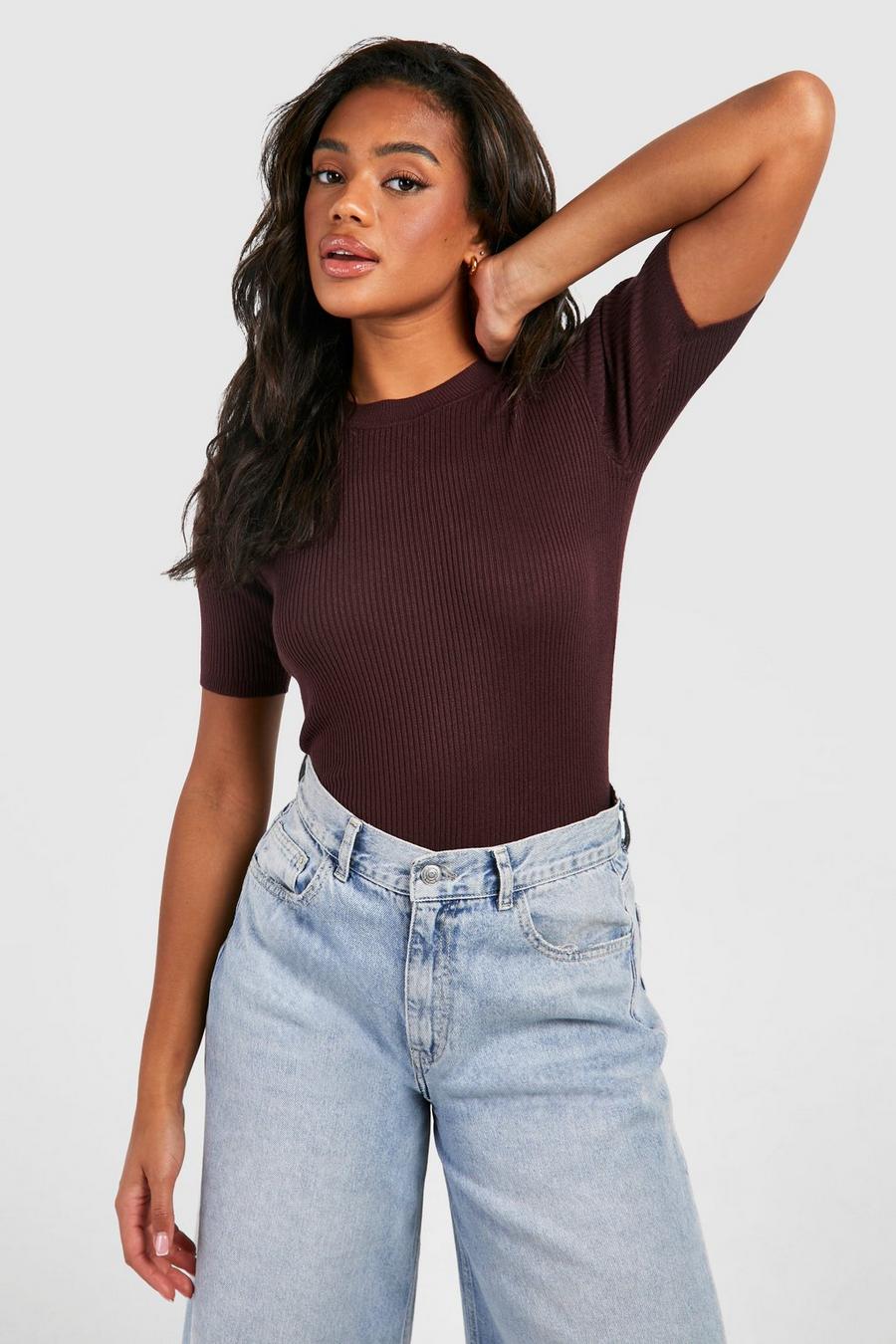 Chocolate Rib Knit Crew Neck Short Sleeve Knitted Top 