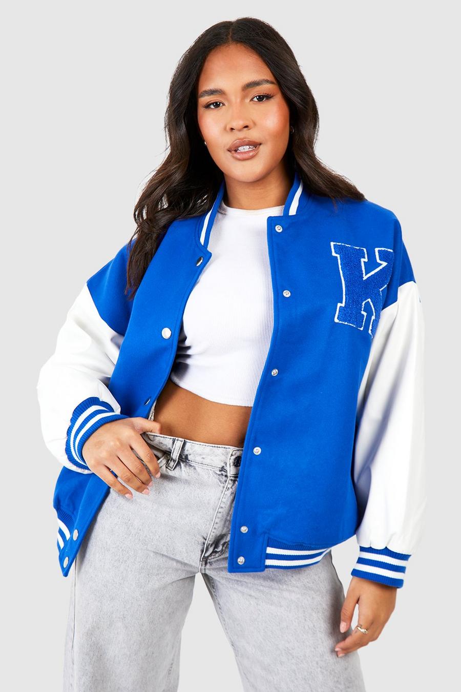 Giacca Bomber Plus Size stile Varsity con maniche in PU, Blue image number 1