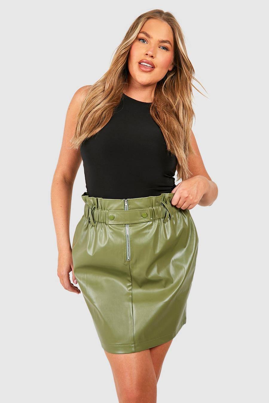 Minifalda Plus de cuero sintético con cintura paperbag, Khaki