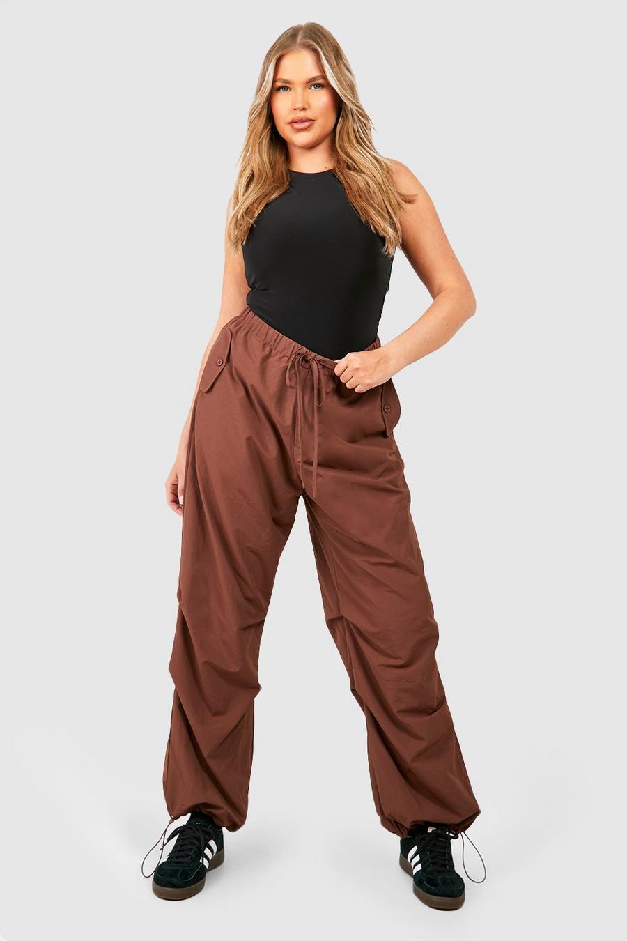 Chocolate Plus Nylon Ruched Detail Cargo Pants