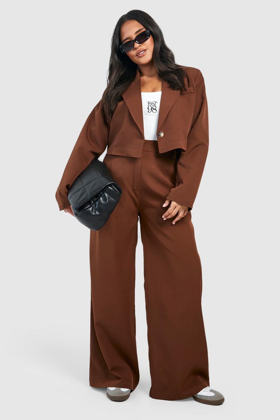 Chocolate brown Plus Woven Tailored Wide Leg Trouser