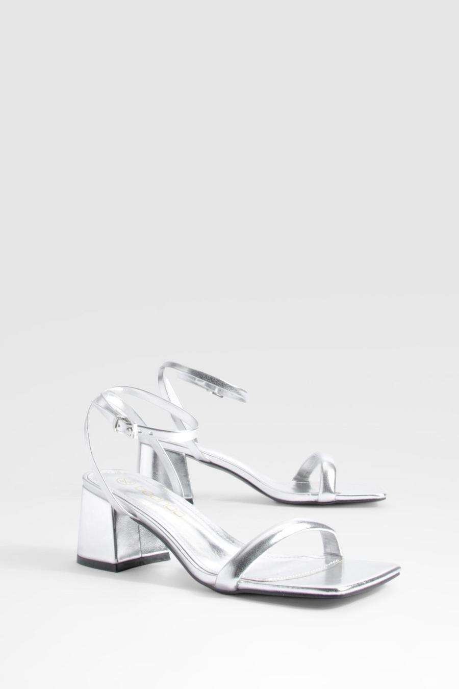 Silver Metallic sandaletter med fyrkantig tå och blockklack