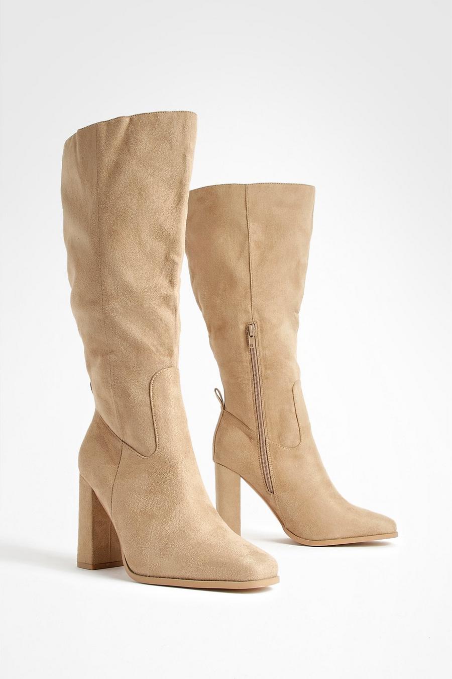 Taupe Wide Fit Block Heel Knee High Boots  