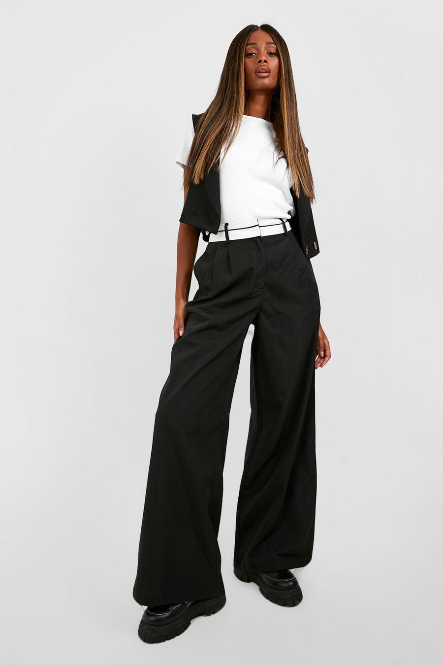 Black Reverse Waistband Tailored Wide Leg Worker Trousers image number 1