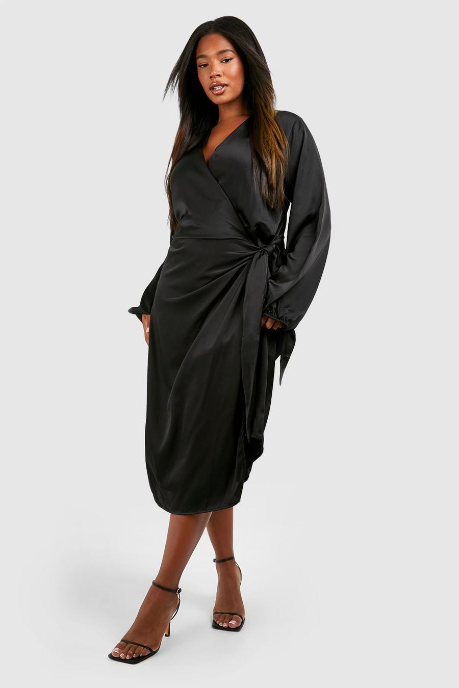Black Plus Satin Wrap Midi Dress