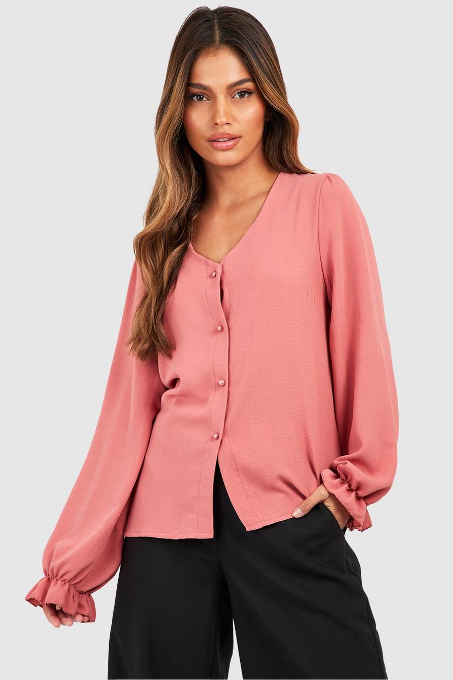Blusa martillada con mangas abullonadas y botones frontales, Desert rose