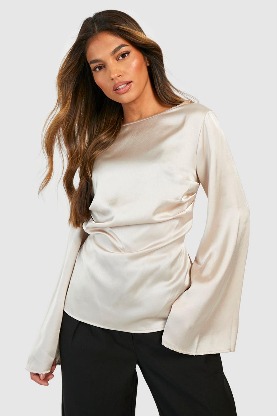 Sand Satin Boat Neck Ruched Waist Blouse