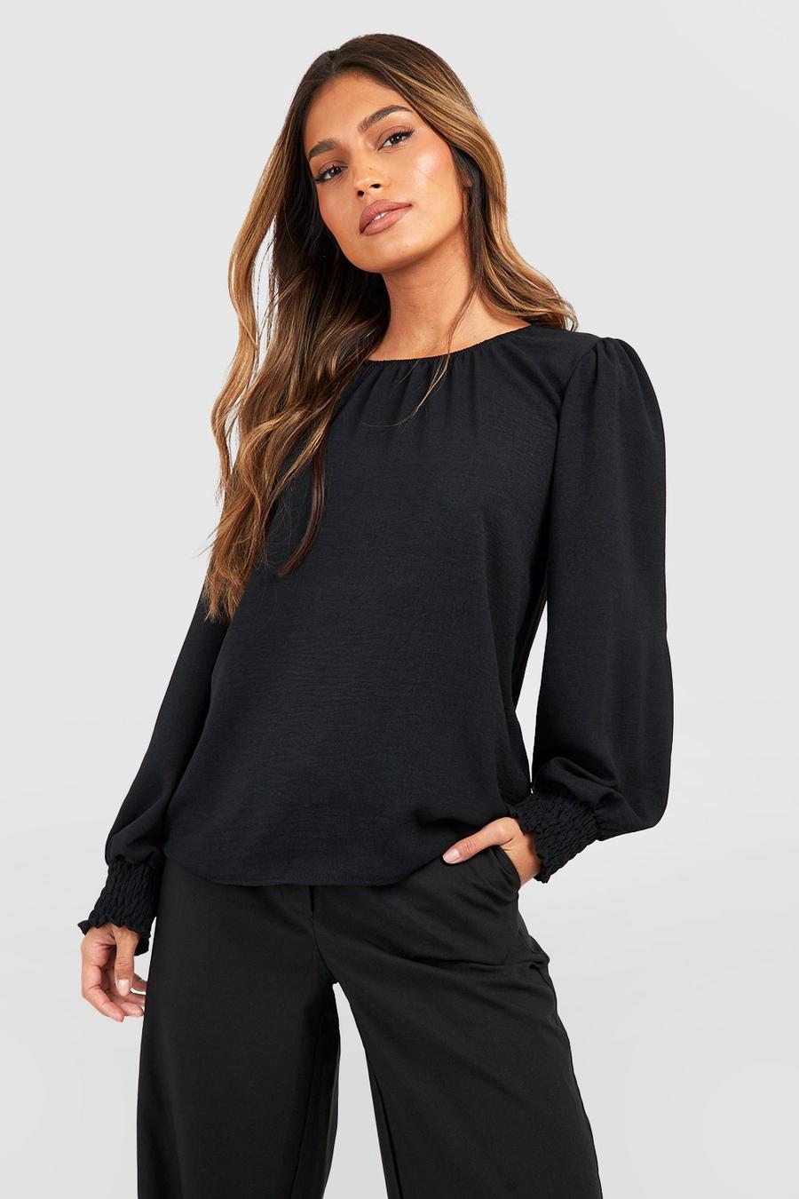 Black Hammered Puff Sleeve Blouse