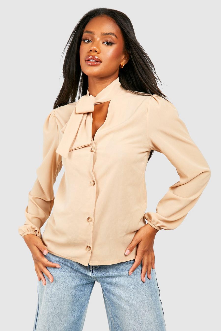 Camel Pussybow Button Through Volume Sleeve Blouse