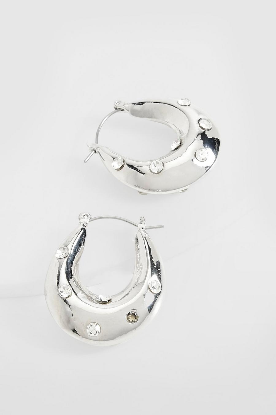 Silver Rhinestone Chunky Hoop Earrings image number 1