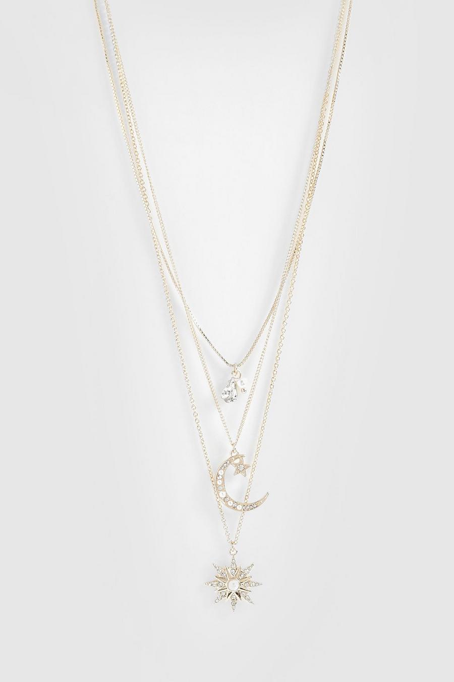 Gold Celestial Moon & Star Embellished Layered Necklace 