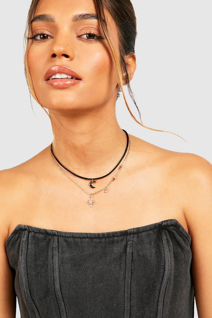 Black Celestial Rope Detail Layered Necklace 