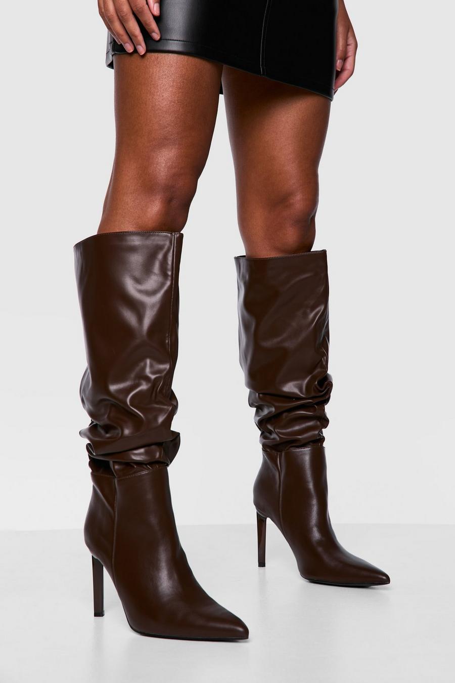 Chocolate Wide Width Ruched Stiletto Pointed Toe Boots