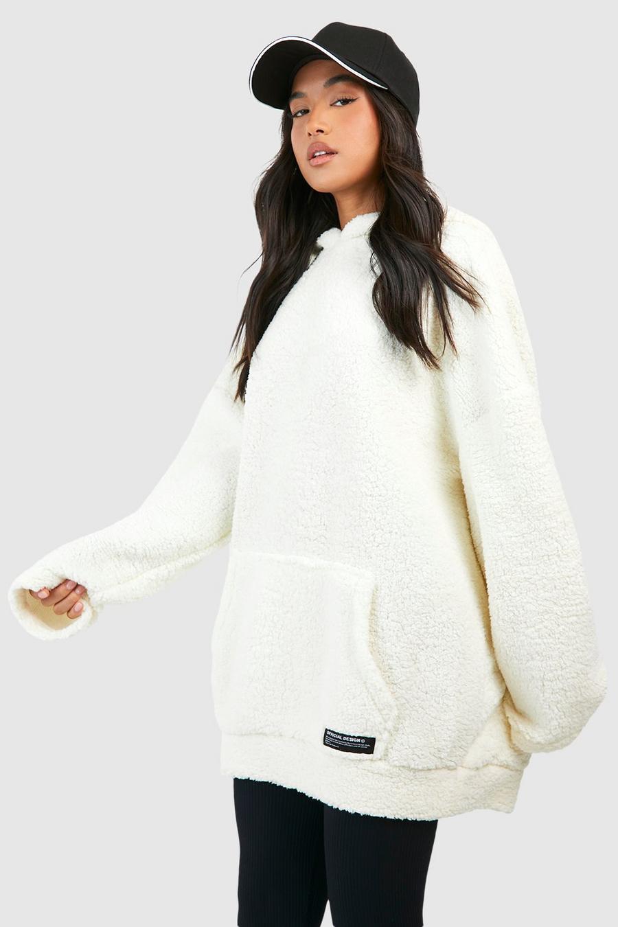 Ecru Petite Oversize hoodie i teddy med vävd etikett