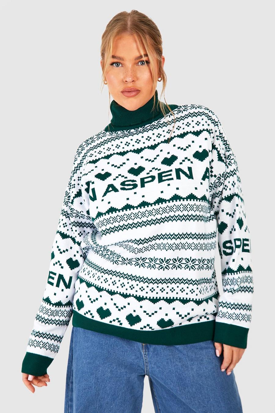 Maglione natalizio Plus Size a collo alto con slogan Aspen e motivi Fairisle, Bottle