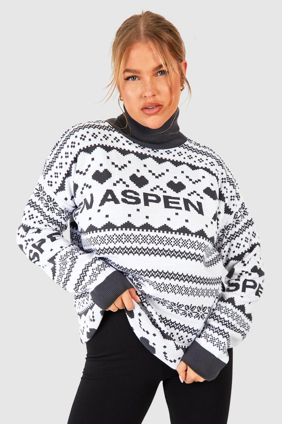 Maglione natalizio Plus Size a collo alto con slogan Aspen e motivi Fairisle, Charcoal