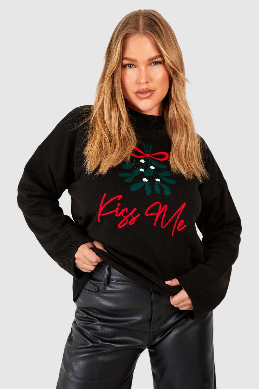 Maglione natalizio Plus Size con slogan Kiss Me e motivi Fairisle, Black