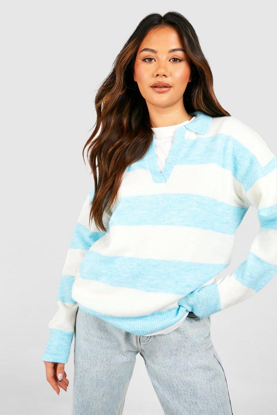 Bright blue Stripe Soft Knit Polo Collar Jumper  image number 1