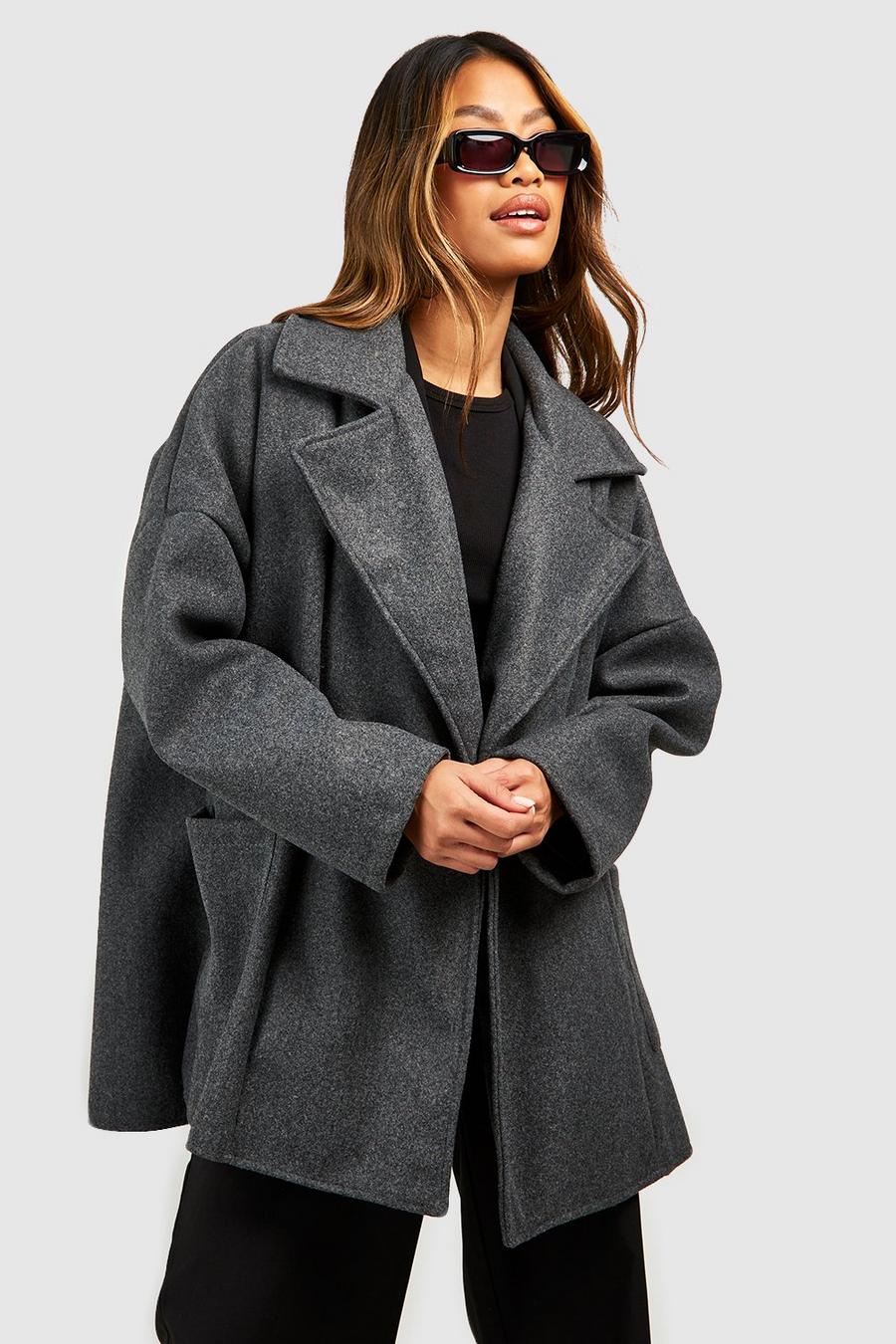 Manteau long effet laine à col oversize, Charcoal image number 1