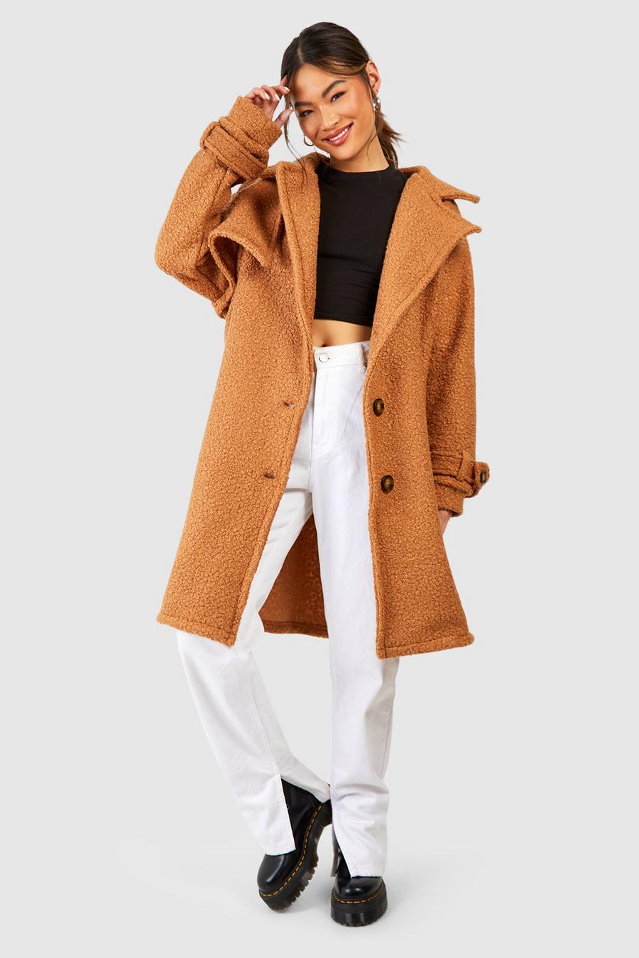 Camel Textured Wool Look Oversized Coat 