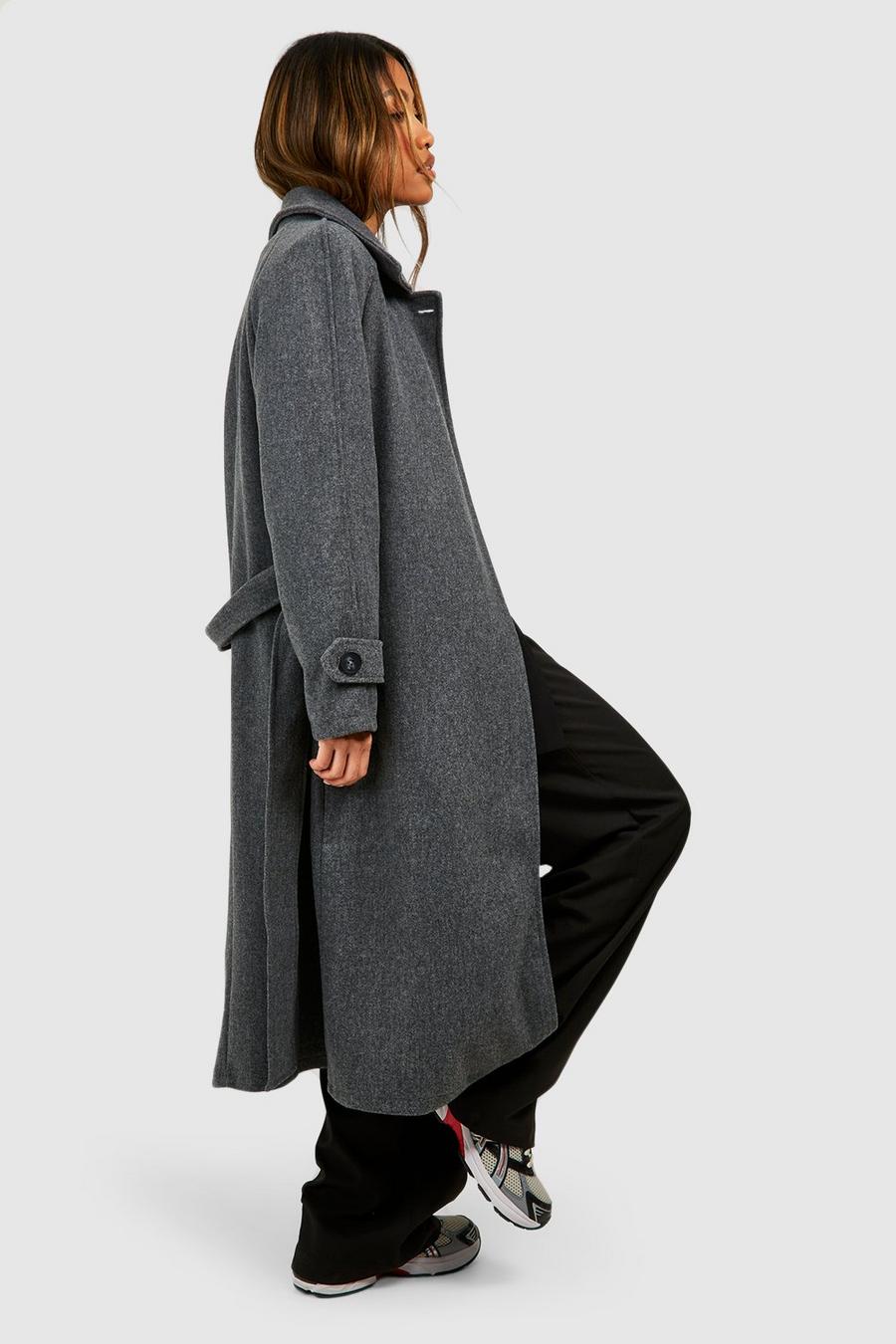 Grey Collared Belted Wool Look Coat