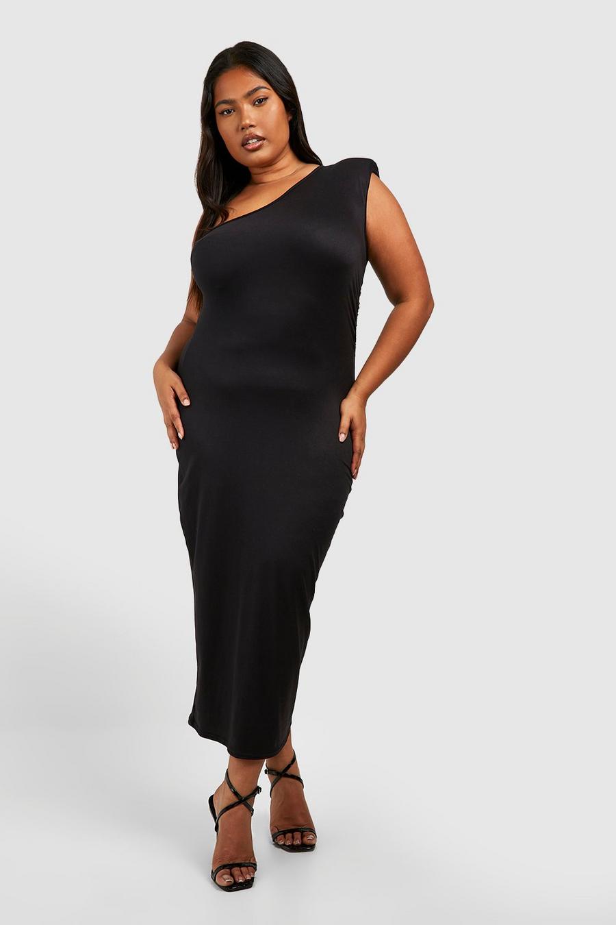 Black Plus Super Soft Shoulder Pad Ruched Midi Dress