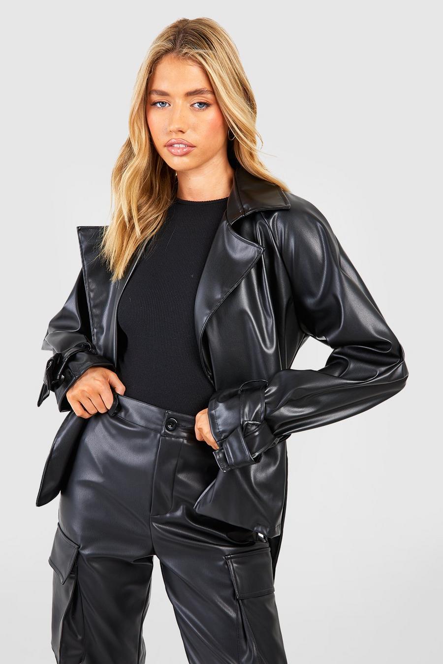 Black Faux Leather Belted Short Trench Coat