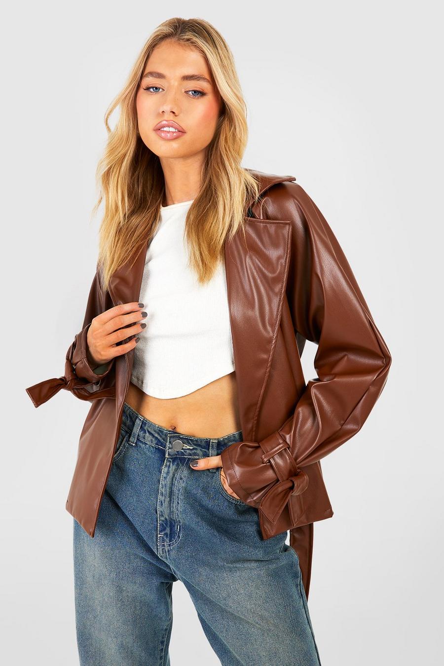 Brown Faux Leather Belted Short Trench Coat image number 1