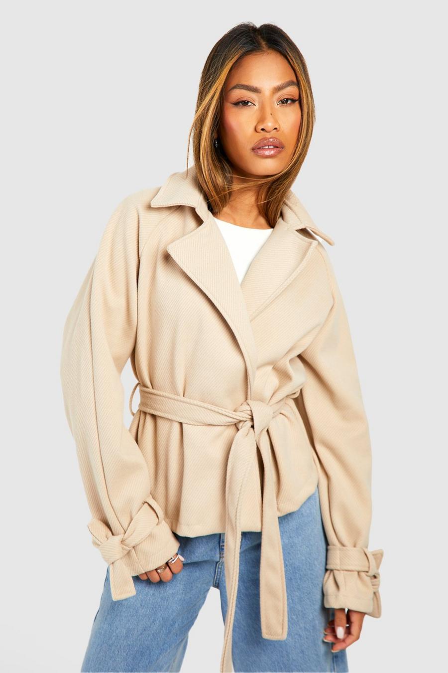 Stone Belted Short Textured Wool Look Trench Coat