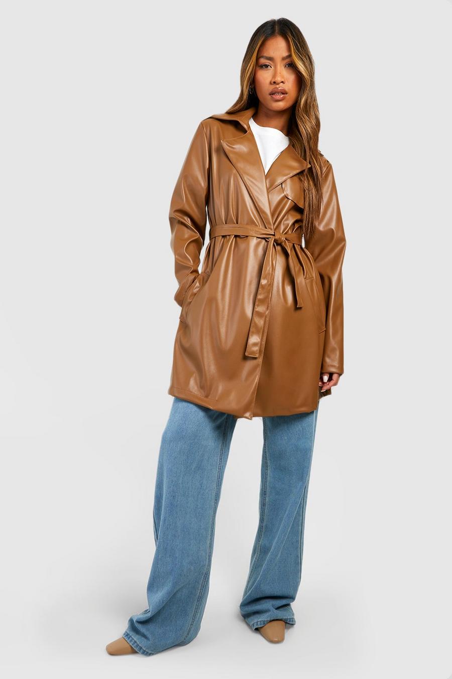 Camel Faux Leather Longline Trench Coat