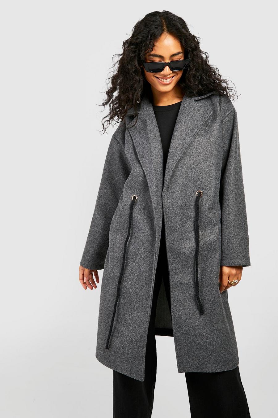 Abrigo efecto lana largo con cinturón, Dark grey