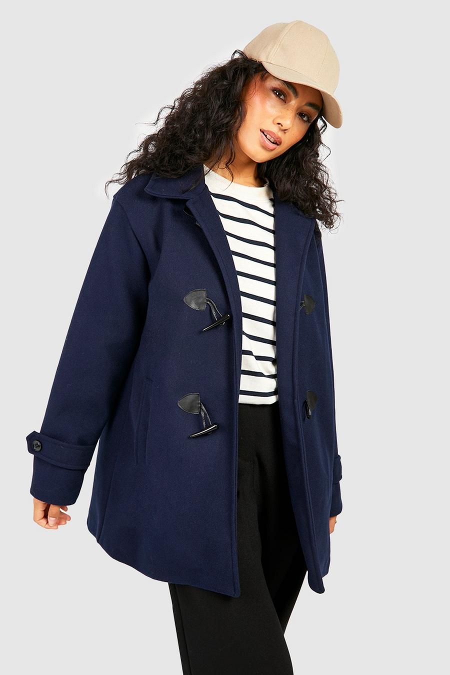 Navy Toggle Detail Duffle Wool Look Coat