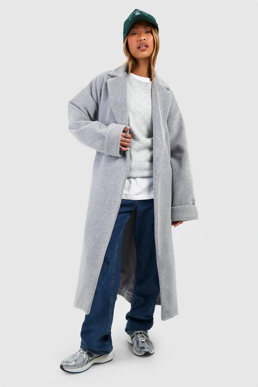 Cappotto effetto lana con trama, cintura e dettagli sui polsini, Grey marl