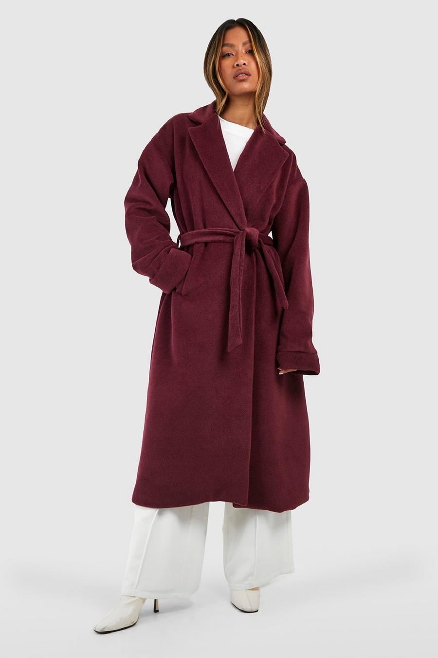 Cappotto effetto lana con trama, cintura e dettagli sui polsini, Wine