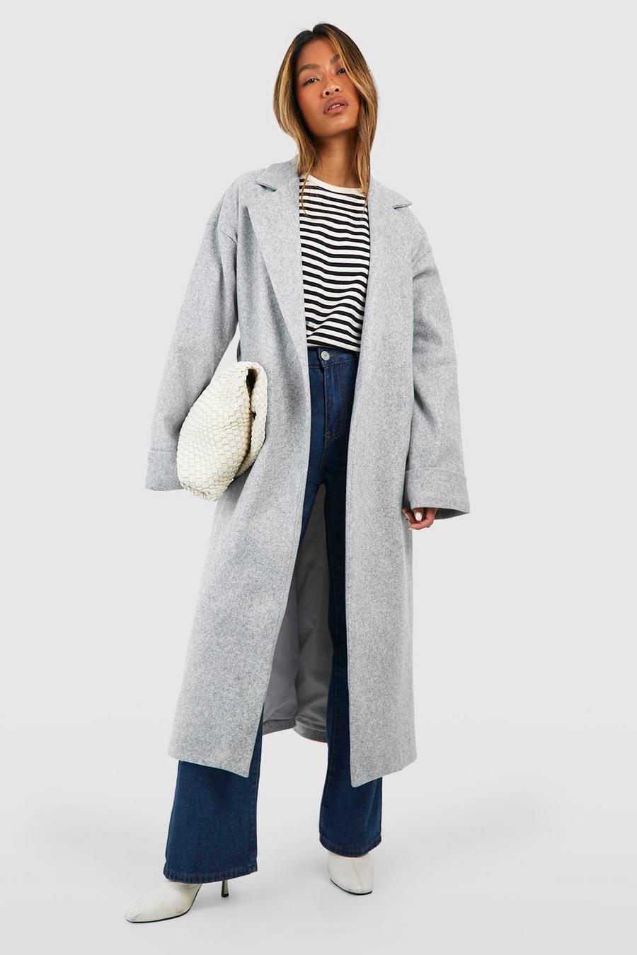 Cappotto effetto lana con cintura e dettagli sui polsini, Grey marl