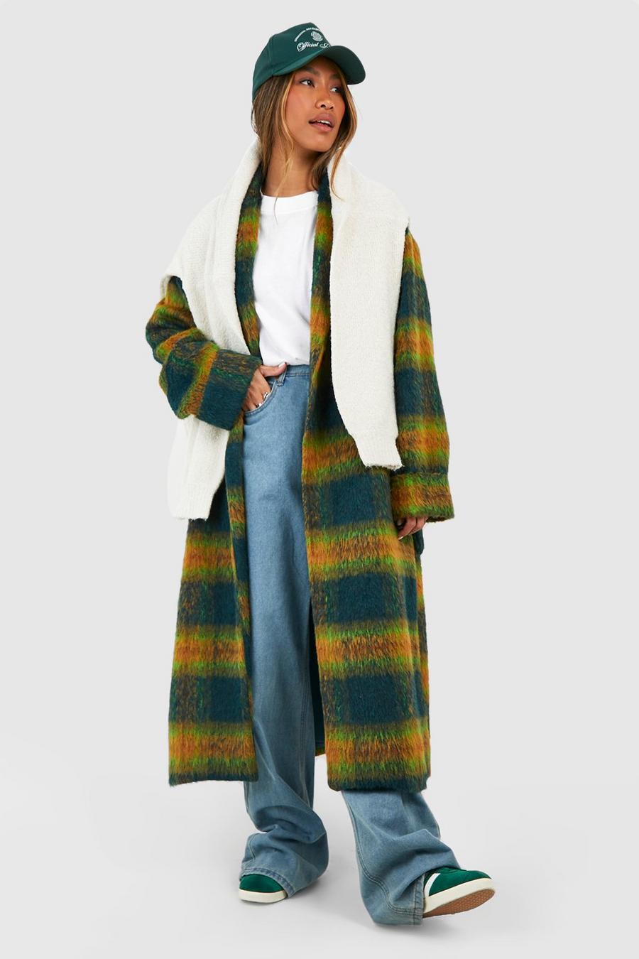 Abrigo efecto lana con cinturón y puños de cuadros, Green image number 1