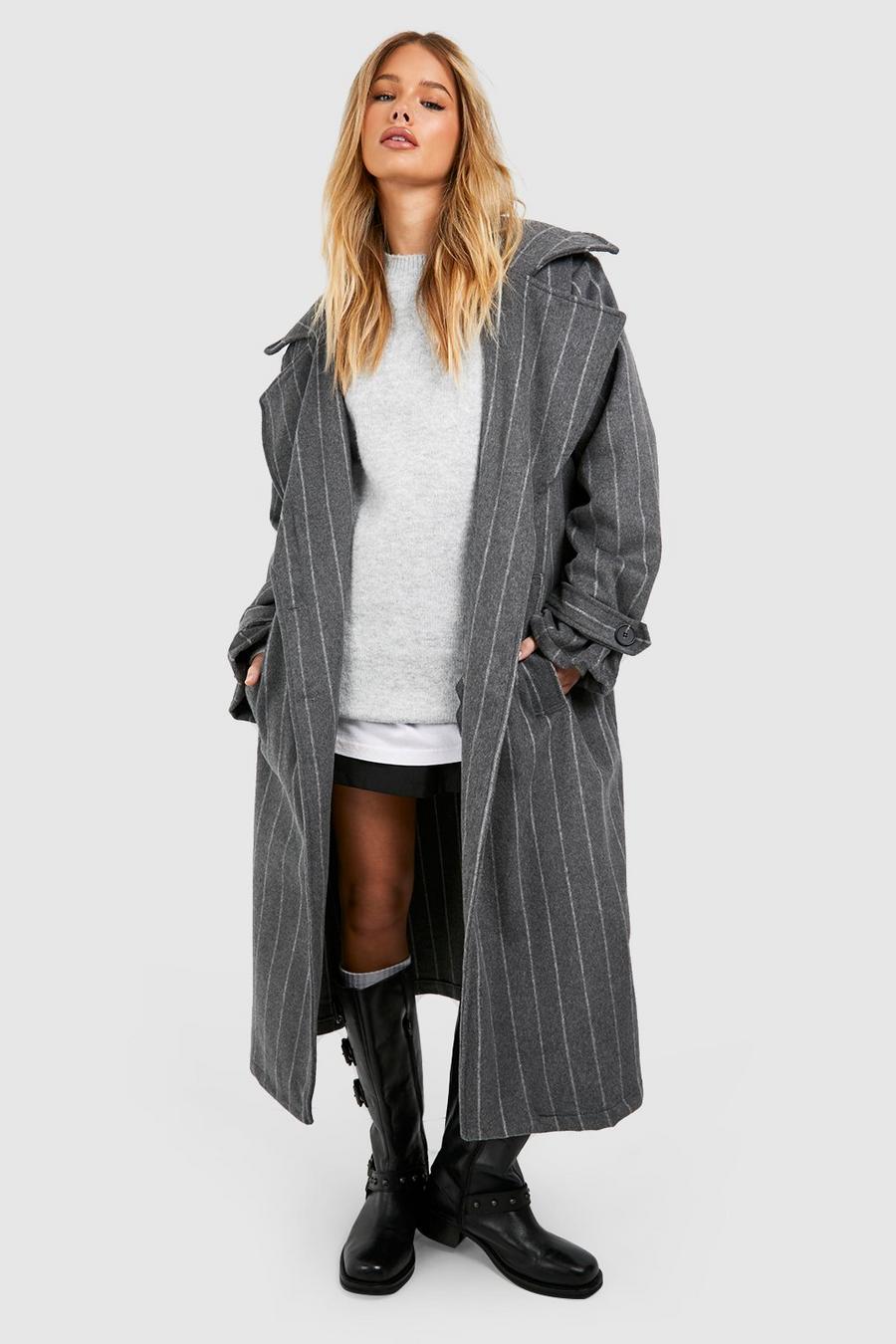 Grey Oversized Pinstripe Shoulder Pad Midaxi Wool Look Coat 