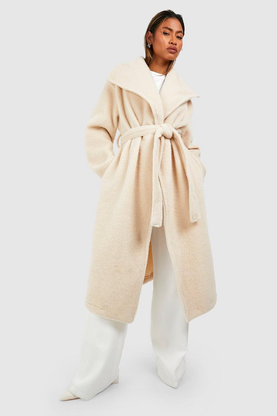 Abrigo maxi texturizado efecto lana con cinturón y cuello de esmoquin, Cream